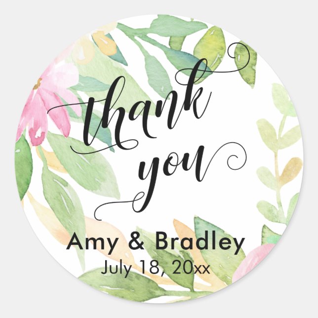Pink Flowers Script Thank You Personalized Wedding Classic Round Sticker (Front)