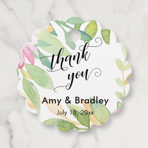 Pink Flowers Script Thank You Personalized Wedding Favor Tags