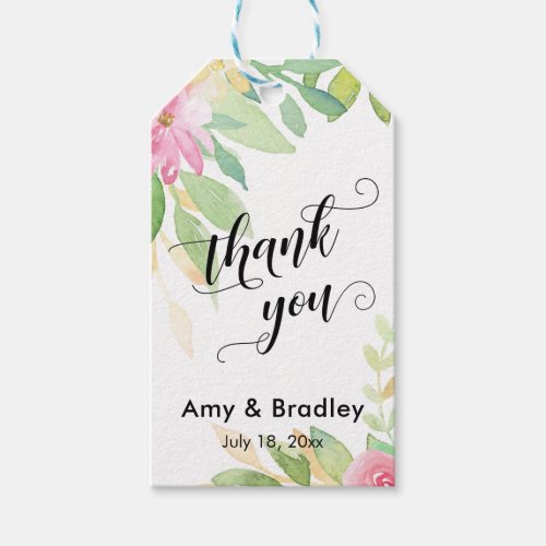 Pink Flowers Script Thank You Personalized Wedding Gift Tags