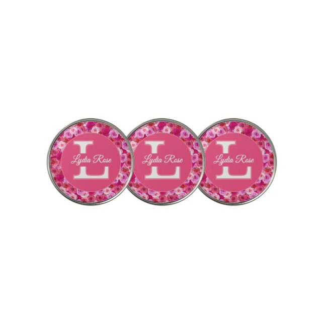 Pink Flowers Shades of Pink Floral Personalized  Golf Ball Marker (3 Up)