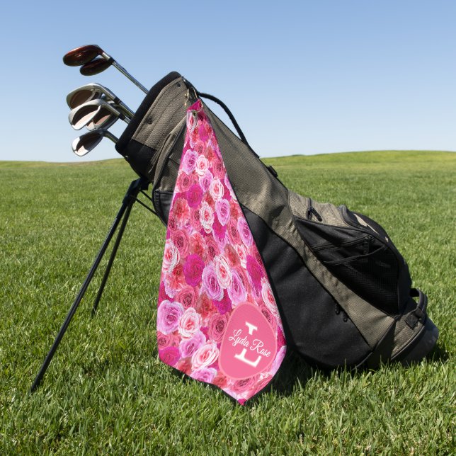 Pink Flowers Shades of Pink Floral Personalized  Golf Towel (Green)