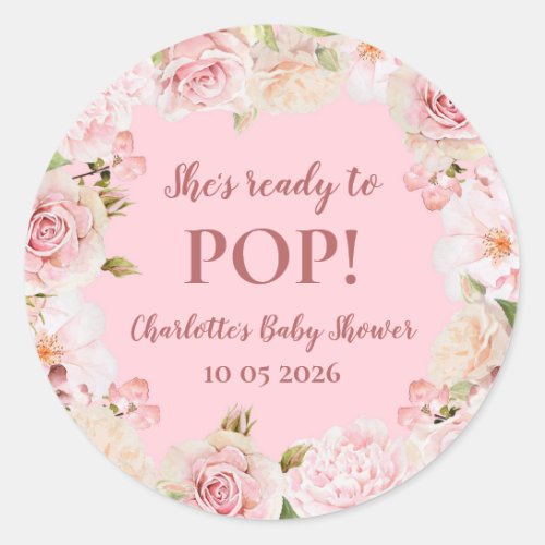 Pink Flowers Shes Ready to Pop Baby Shower Tag