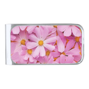 Pink Flowers Silver Finish Money Clip