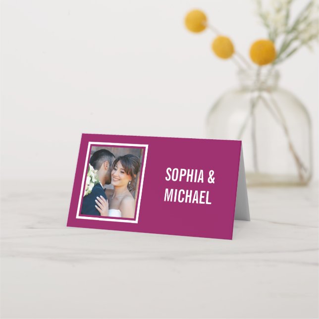 Pink Flowers Simple Photo Wedding  Place Card (Back)