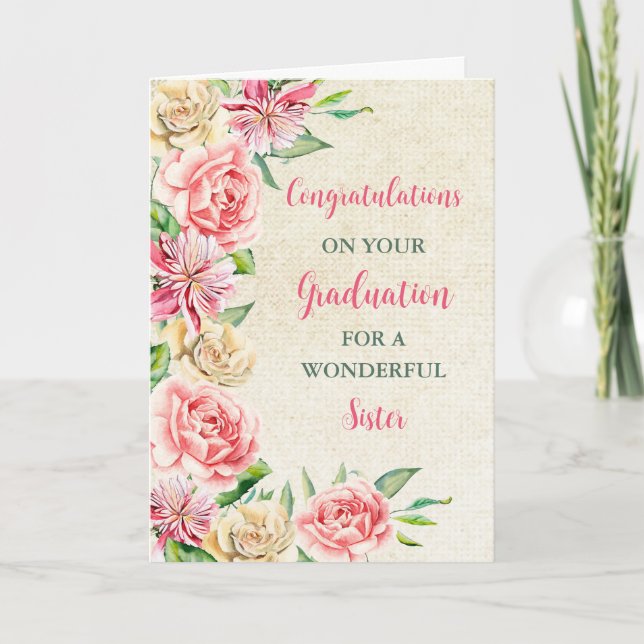 Pink Flowers Sister Congratulations Graduation Card (Front)