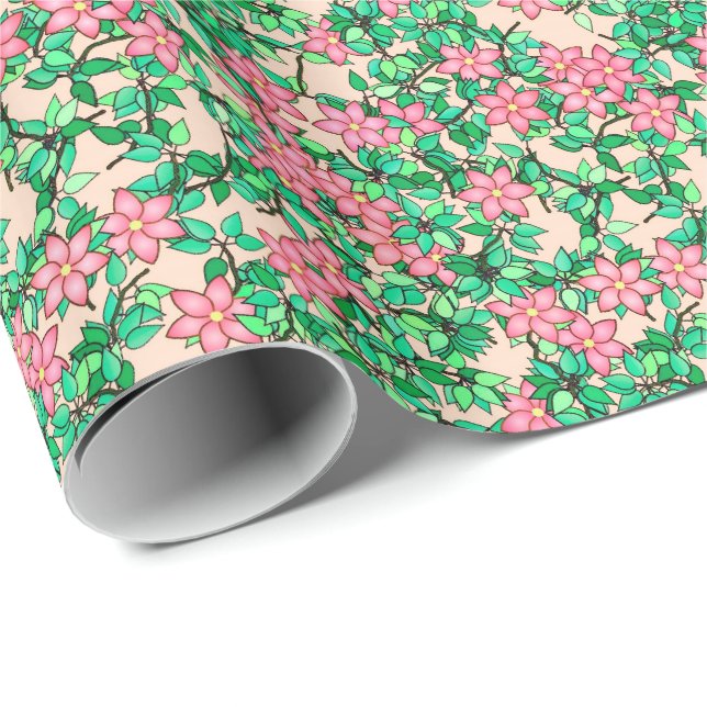 Pink flowers, soft coral background wrapping paper (Roll Corner)