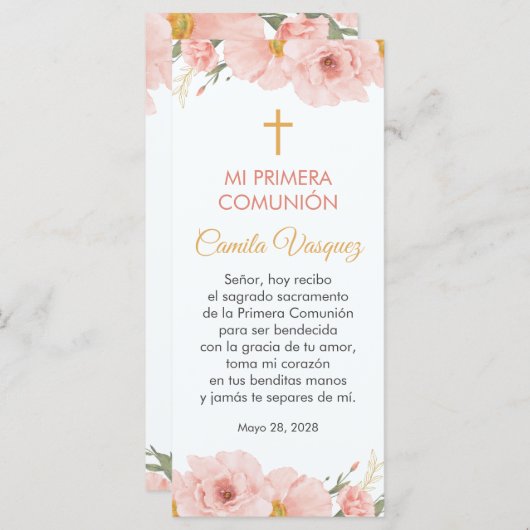 Pink Flowers Spanish First Communion Bookmark (Front/Back)