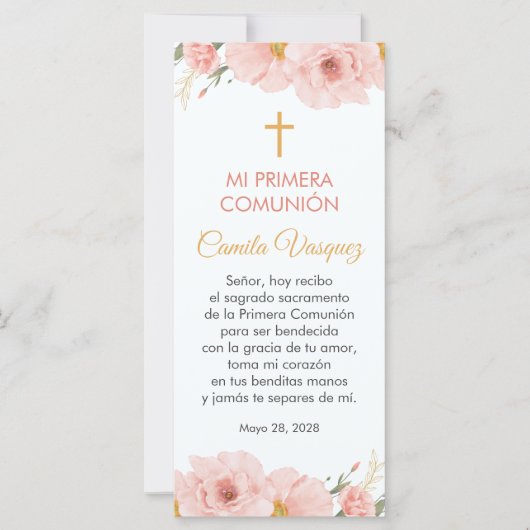 Pink Flowers Spanish First Communion Bookmark (Front)