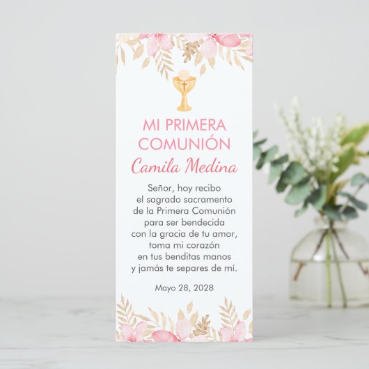 Pink Flowers Spanish First Communion Bookmark (Standing Front)