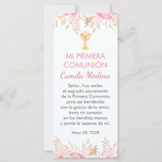 Pink Flowers Spanish First Communion Bookmark (Front)