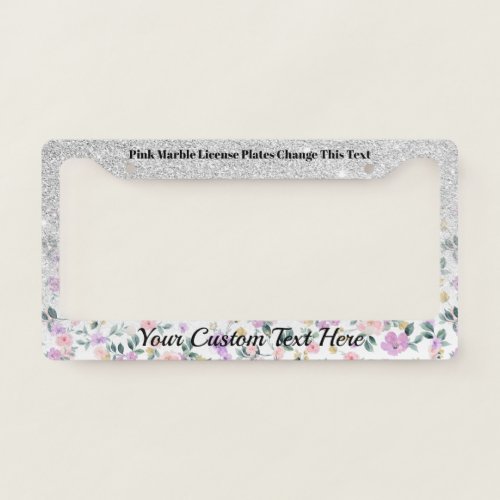 Pink Flowers Sparkle Bling Silver License Plate Frame