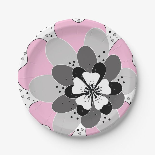 Pink flowers spring summer paper plates (Front)