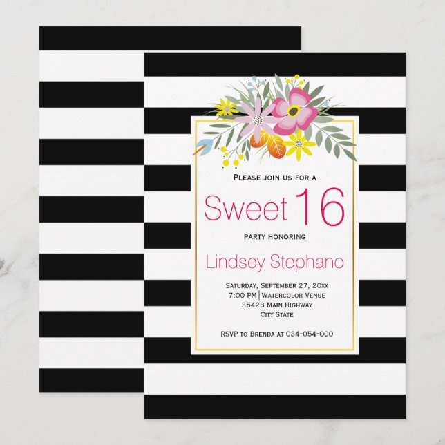 Pink flowers, stripes sweet sixteen birthday invitation (Front/Back)