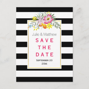 Pink flowers & stripes wedding Save the Date Announcement Postcard