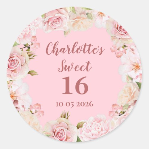 Pink Flowers Sweet 16 Birthday Favor Tag