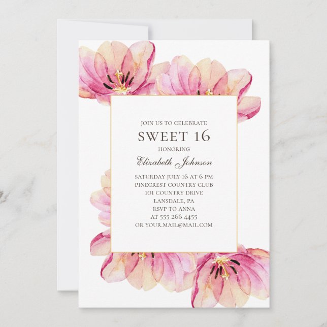 Pink flowers Sweet 16. Spring floral 16th birthday Invitation (Front)