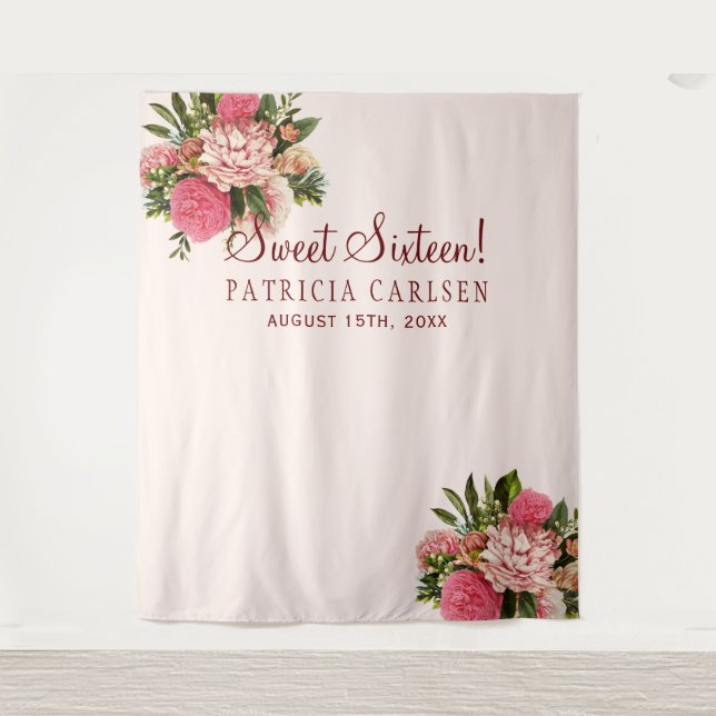 Pink flowers sweet sixteen photo booth backdrop (Front)