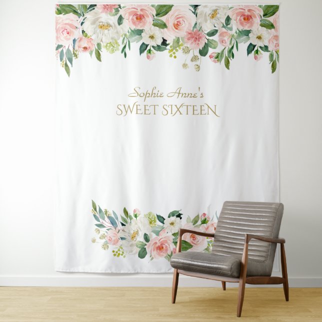 Pink Flowers Sweet Sixteen Photo Booth Backdrop (In Situ)