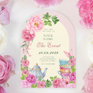 Pink Flowers tea cup garden Invitation