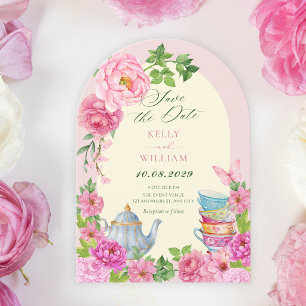 Pink Flowers tea cup garden  Save The Date