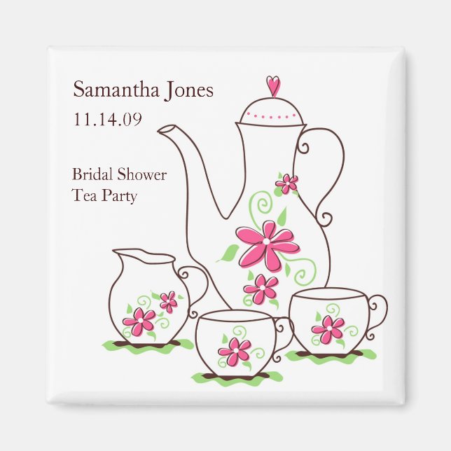 Pink Flowers Tea Set Bridal Shower Favor Magnets (Front)
