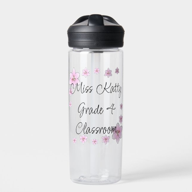 Pink Flowers Teacher Water Bottle (Front)