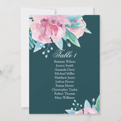 Pink flowers Teal floral wedding seating chart Invitation