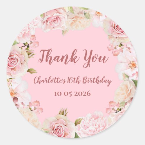 Pink Flowers Thank You Birthday Favor Tag