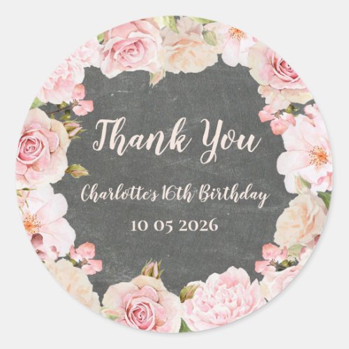 Pink Flowers Thank You Birthday Favor Tag