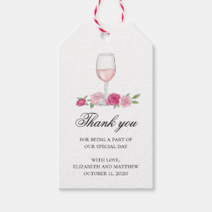 Pink flowers thank you. Wine glass. Roses wedding Gift Tags
