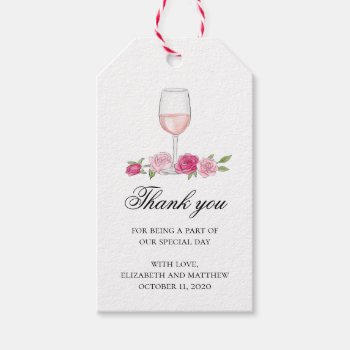 Pink Flowers Thank You. Wine Glass. Roses Wedding Gift Tags by RemioniArt at Zazzle