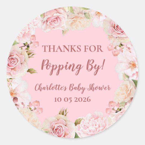 Pink Flowers Thanks for Popping By Baby Shower Tag