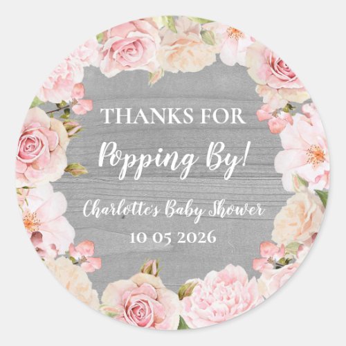 Pink Flowers Thanks for Popping By Baby Shower Tag