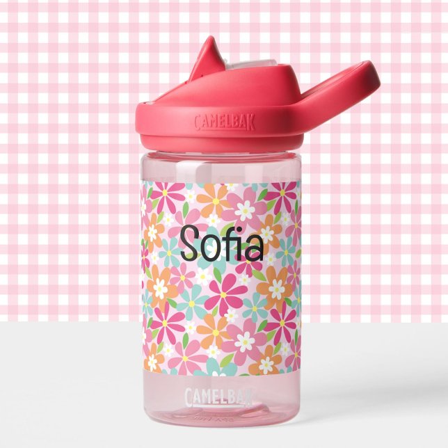 Pink Flowers Toddler Personalize Name Durable Water Bottle (Creator Uploaded)