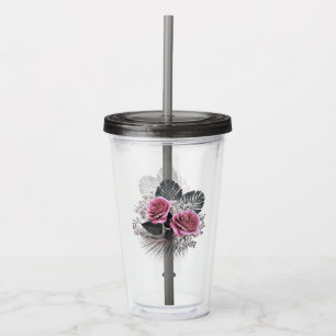 Pink Flowers Tropical Leaves Acrylic Tumbler