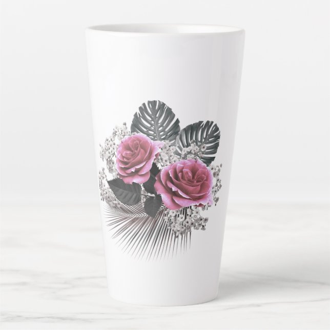 Pink Flowers Tropical Leaves Latte Mug (Front)