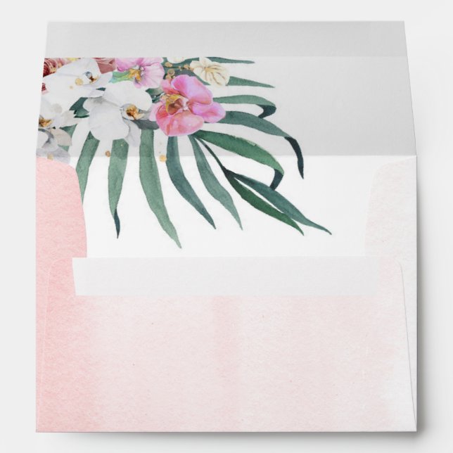 Pink Flowers Tropical Palm Leaves Elegant Envelope (Back (Bottom))
