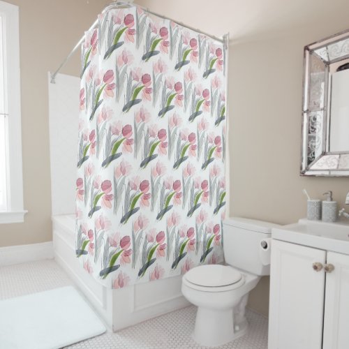 Pink Flowers Tulips Sage Green Leaves White Shower Curtain