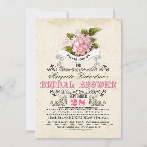 pink flowers &amp; typography bridal shower invitation