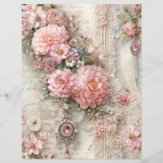 Pink Flowers Vintage Junk Journal Scrapbook Paper (Front)