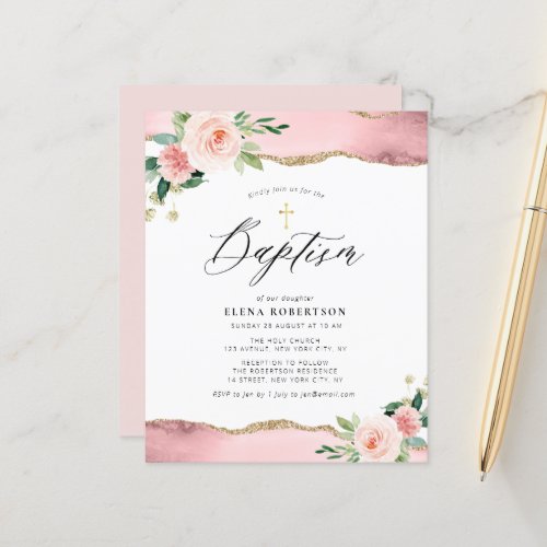 pink flowers watercolor agate baptism invitation