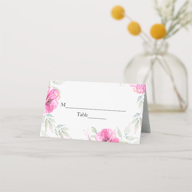 Pink Flowers Watercolor Botanical Bridal Shower Place Card (Front)