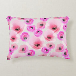 Pink Flowers Watercolor Digital Art Accent Pillow