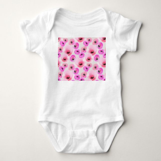 Pink Flowers Watercolor Digital Art Baby Bodysuit (Front)