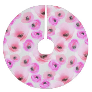 Pink Flowers Watercolor Digital Art Brushed Polyester Tree Skirt