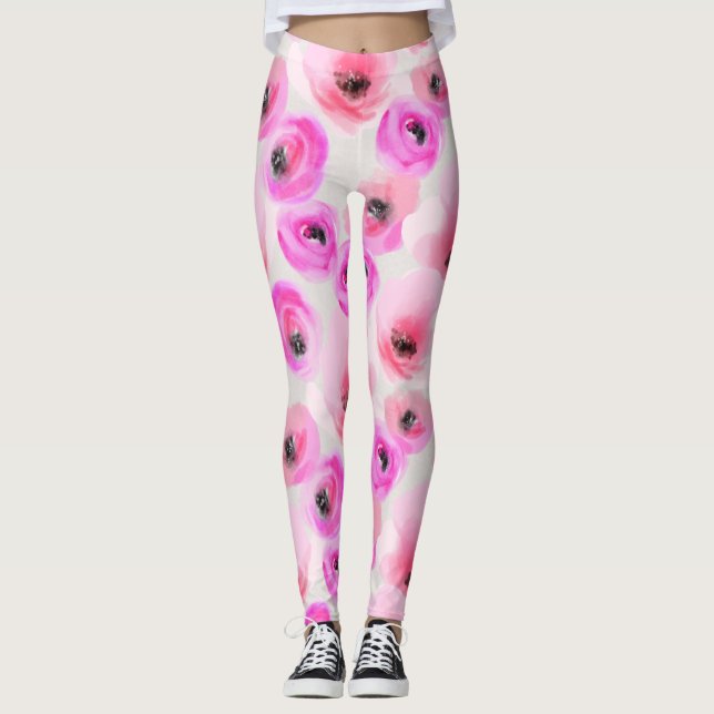 Pink Flowers Watercolor Digital Art Leggings (Front)