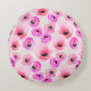 Pink Flowers Watercolor Digital Art Round Pillow