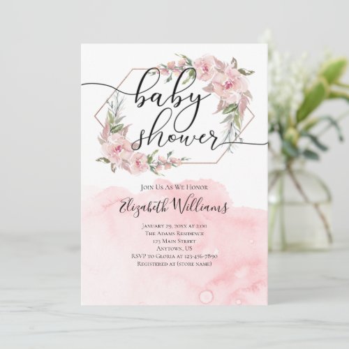 Pink Flowers Watercolor Girl Baby Shower Invitation