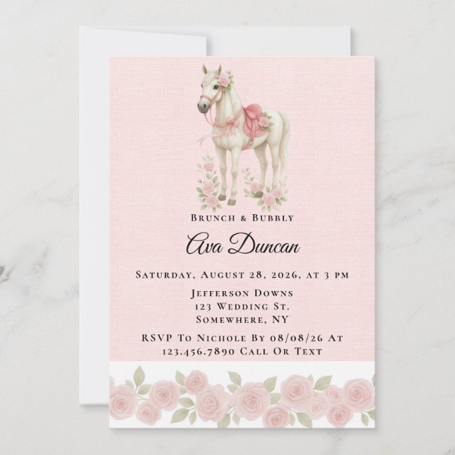 Pink Flowers Watercolor Horse Brunch & Bubbly Invitation (Front)