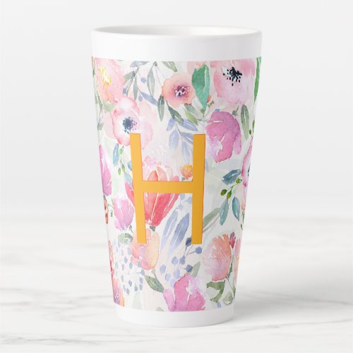 Pink flowers watercolored monogram latte mug